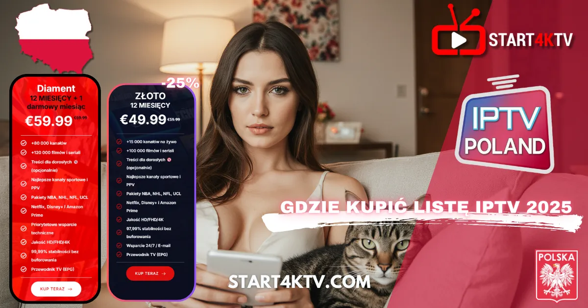 Kobieta z kotem na kanapie prezentuje reklamę oferty IPTV POLAND na rok 2025 od Start4KTV.com. Reklama zawiera dwie opcje abonamentu: Złoty (12 miesięcy, €49.99) z +15 000 kanałów i Diament (12 miesięcy + 1 darmowy, €59.99) z +20 000 kanałów. Złota oferta zawiera +15 000 kanałów na żywo, +100 000 filmów i seriali, treści dla dorosłych (opcjonalnie), najlepsze kanały sportowe i PPV, pakiety NBA, NHL, NFL, UCL, Netflix, Disney+ i Amazon Prime, jakość HD/FHD/4K, 99.99% stabilności bez buforowania, wsparcie 24/7 i przewodnik TV (EPG). W centrum grafiki pytanie: "GDZIE KUPIĆ LISTĘ IPTV 2025". Widoczne jest logo Polski i hasło IPTV POLAND.

