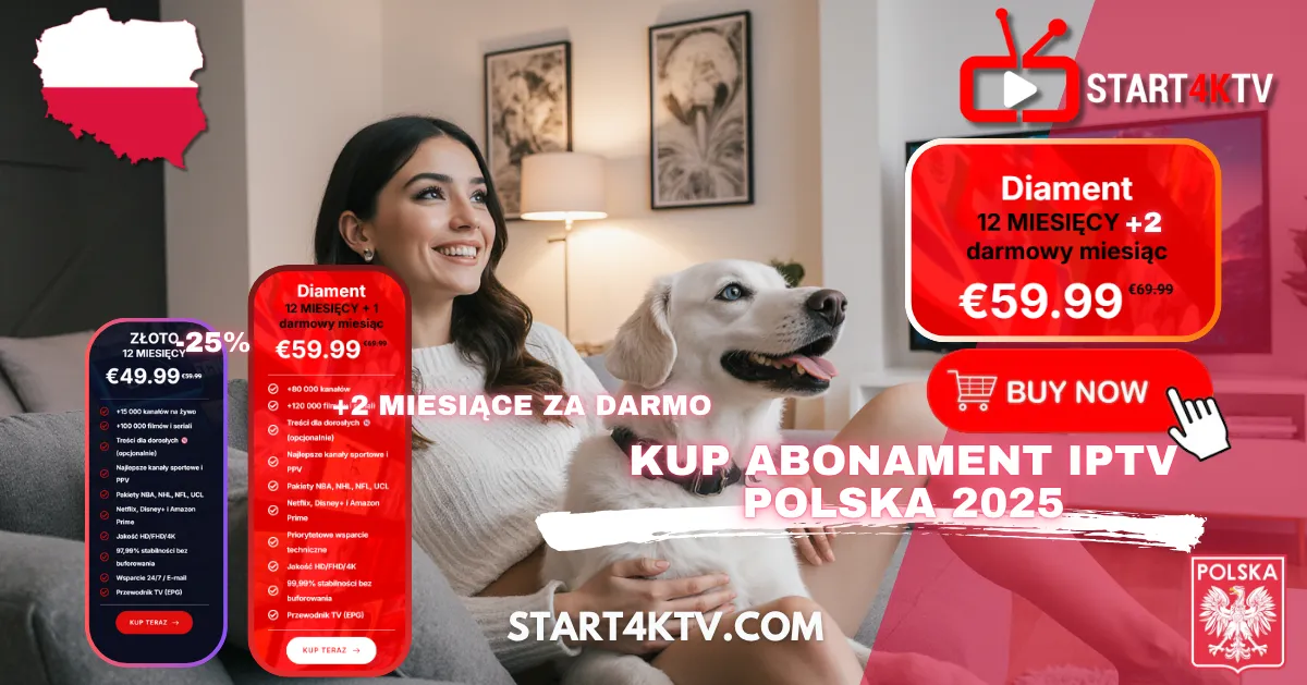 Kobieta ogląda telewizję z psem w domu, promując Trex IPTV Polska 2025 z rabatem 25% i darmowymi miesiącami IPTV Chomikuj