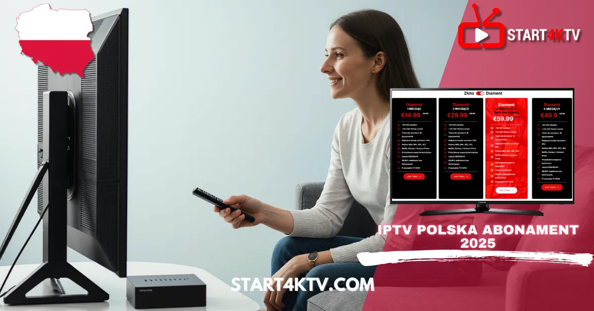 Kobieta ogląda telewizję z usługą IPTV Polska abonament 2025, lista m3u & kanały IPTV premium