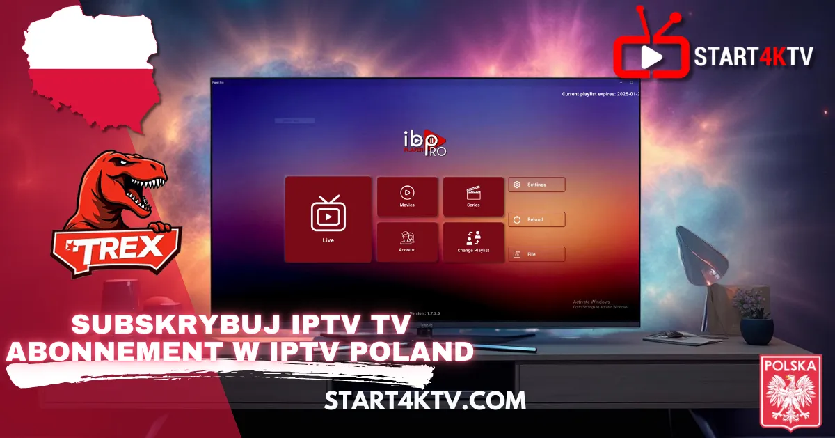Ekran telewizora z aplikacją IPTV pokazującą menu Live, Movies i Series. Grafika promująca Trex IPTV Poland z napisem „Subskrybuj IPTV Polska Premium TV Abonament w IPTV Polska” oraz logiem Start4KTV.