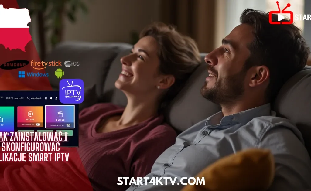 Para oglądająca telewizję w salonie z instrukcją instalacji IPTV Smarters Pro – poradnik IPTV Polska