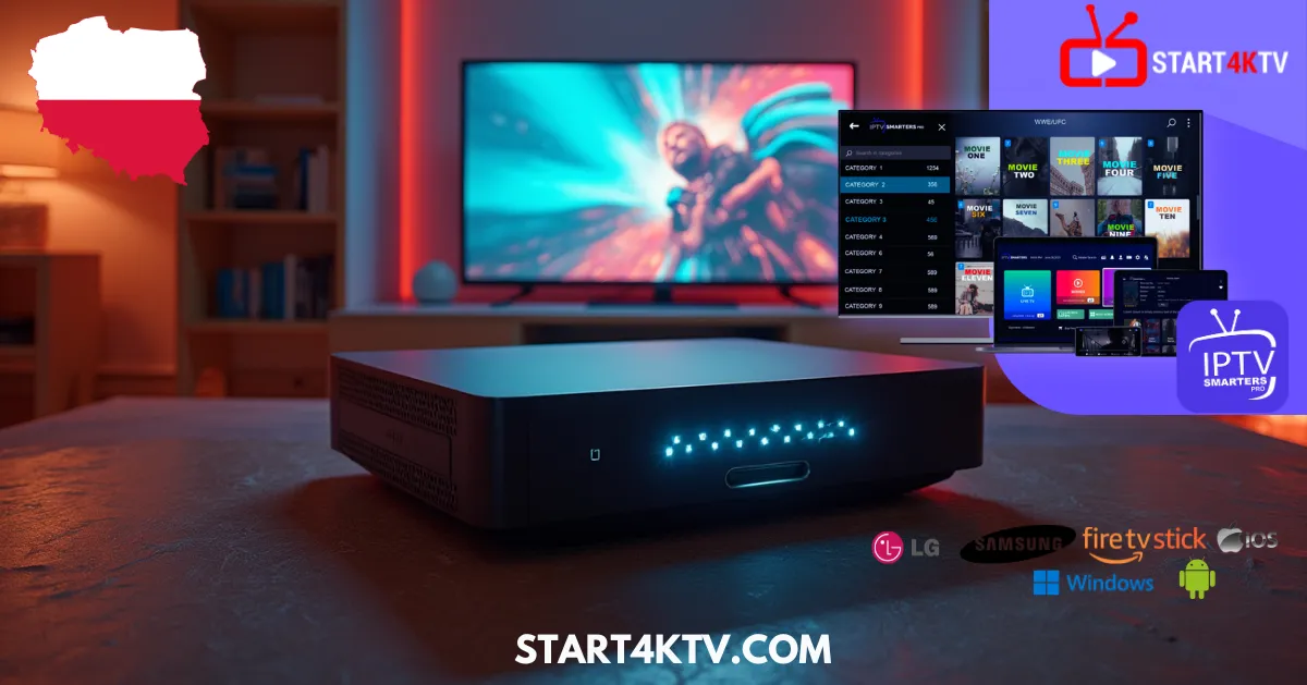 Obraz przedstawia aplikację IPTV Smarters Pro działającą na różnych urządzeniach, takich jak dekoder IPTV, telewizory Samsung Smart TV, Android IPTV oraz Windows.