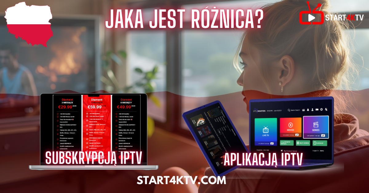 IPTV Poland: Obraz przedstawia porównanie subskrypcji IPTV i aplikacji IPTV, ukazując różnice między usługami IPTV Polska. Na ekranie po lewej stronie widoczna jest oferta subskrypcji, a po prawej interfejs aplikacji IPTV Smarters Pro?