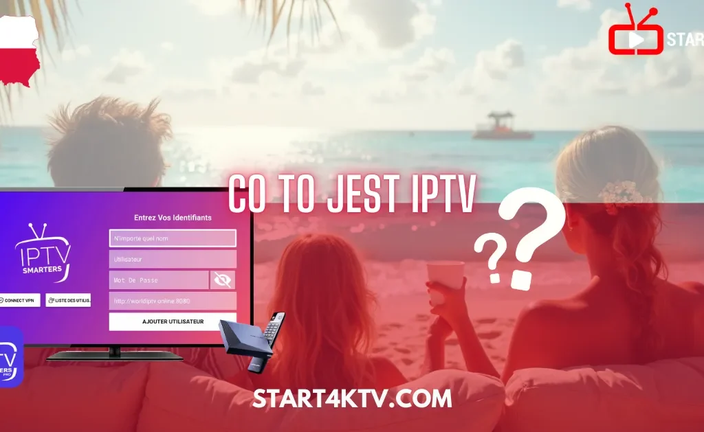 Co to jest IPTV? Para na plaży z ekranem logowania IPTV Smarters – wyjaśnienie dla użytkowników IPTV Poland