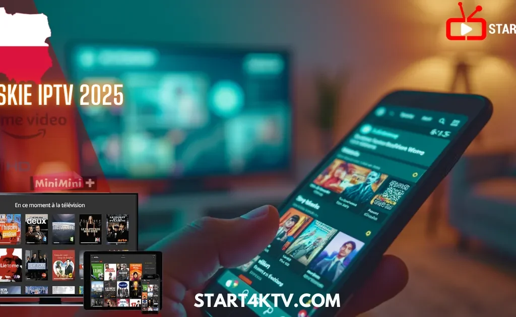 A hand holding a smartphone with an IPTV interface, in front of a blurred TV screen in a cozy room – promoting polskie IPTV M3U channels and apps in 2025
