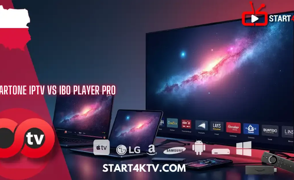 Porównanie aplikacji SmartOne IPTV i IBO Player Pro na ekranie telewizora i laptopach, z ikonami LG, Android, Samsung i Windows – najlepsze odtwarzacze IPTV 2025