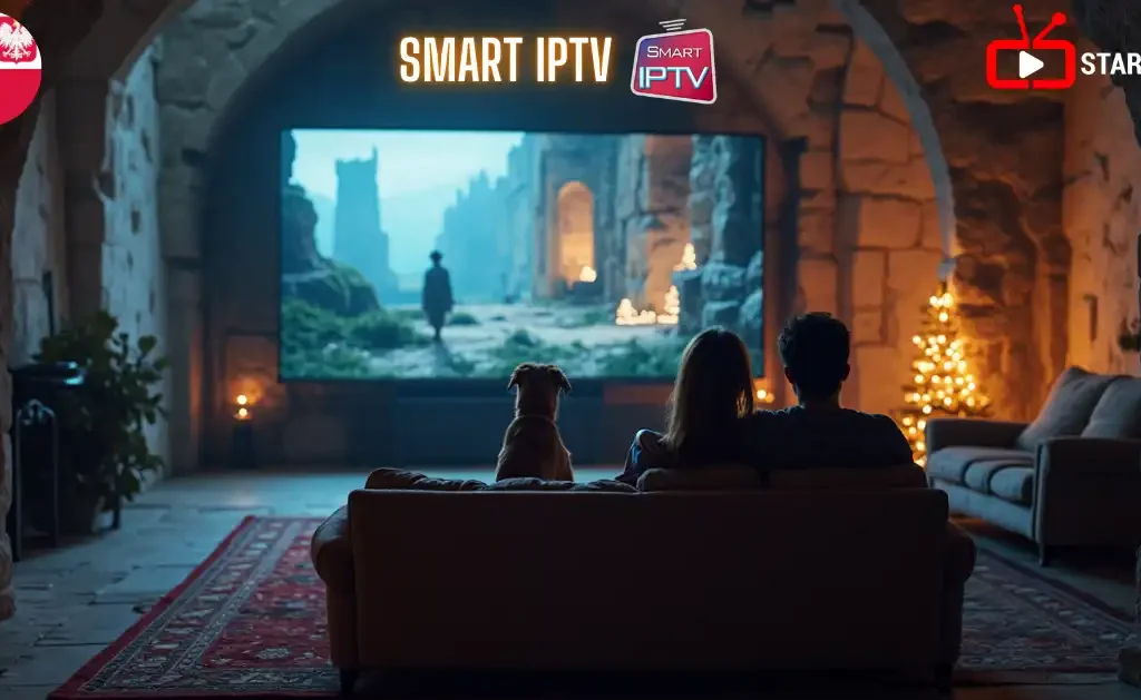 Para z psem ogląda film na dużym ekranie Smart IPTV w przytulnym salonie z ozdobami świątecznymi.