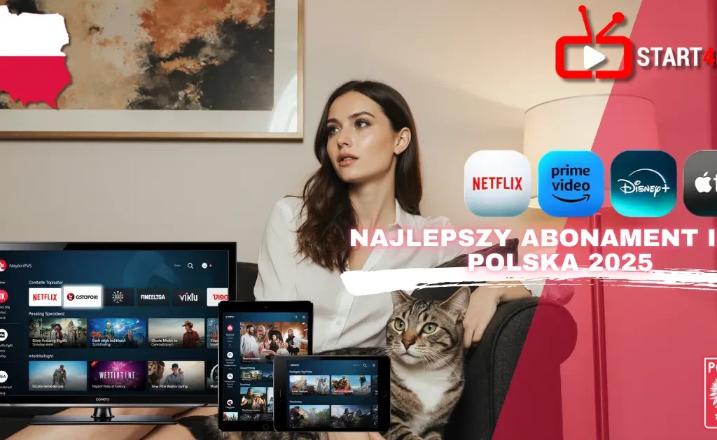 Kobieta siedząca na sofie z kotem ogląda telewizję IPTV Polska 2025 na różnych urządzeniach – najlepszy abonament IPTV w Polsce