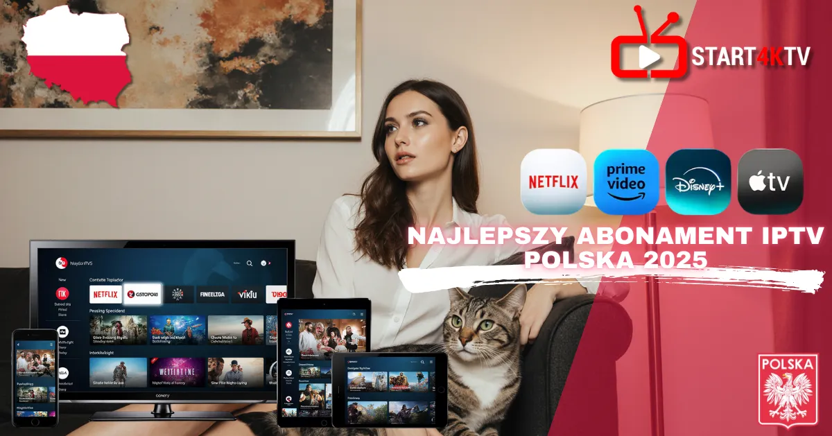 Kobieta siedząca na sofie z kotem ogląda telewizję IPTV Polska 2025 na różnych urządzeniach – najlepszy abonament IPTV w Polsce