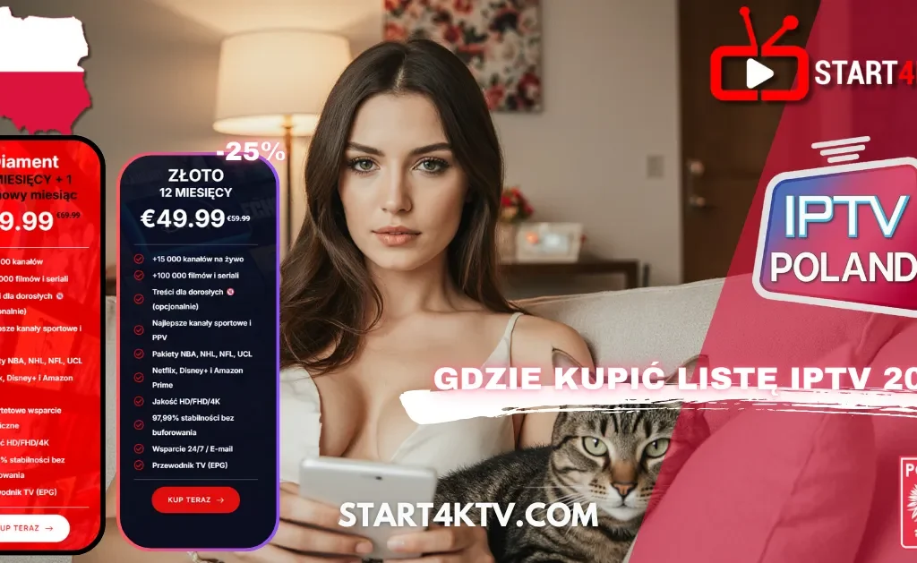 Kobieta z kotem na kanapie prezentuje reklamę oferty IPTV POLAND na rok 2025 od Start4KTV.com. Reklama zawiera dwie opcje abonamentu: Złoty (12 miesięcy, €49.99) z +15 000 kanałów i Diament (12 miesięcy + 1 darmowy, €59.99) z +20 000 kanałów. Złota oferta zawiera +15 000 kanałów na żywo, +100 000 filmów i seriali, treści dla dorosłych (opcjonalnie), najlepsze kanały sportowe i PPV, pakiety NBA, NHL, NFL, UCL, Netflix, Disney+ i Amazon Prime, jakość HD/FHD/4K, 99.99% stabilności bez buforowania, wsparcie 24/7 i przewodnik TV (EPG). W centrum grafiki pytanie: "GDZIE KUPIĆ LISTĘ IPTV 2025". Widoczne jest logo Polski i hasło IPTV POLAND.