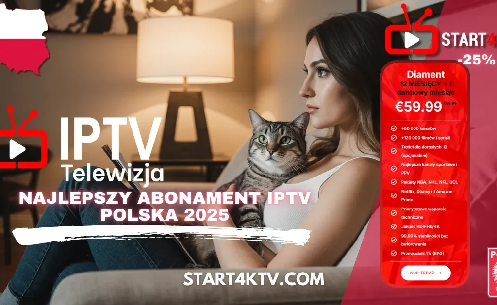 Kobieta oglądająca telewizję IPTV w Polsce 2025 z kotem na kolanach – subskrypcja IPTV Polska, TREX IPTV, lista M3U