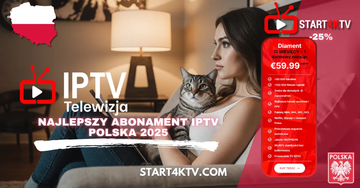 Kobieta oglądająca telewizję IPTV w Polsce 2025 z kotem na kolanach – subskrypcja IPTV Polska, TREX IPTV, lista M3U
