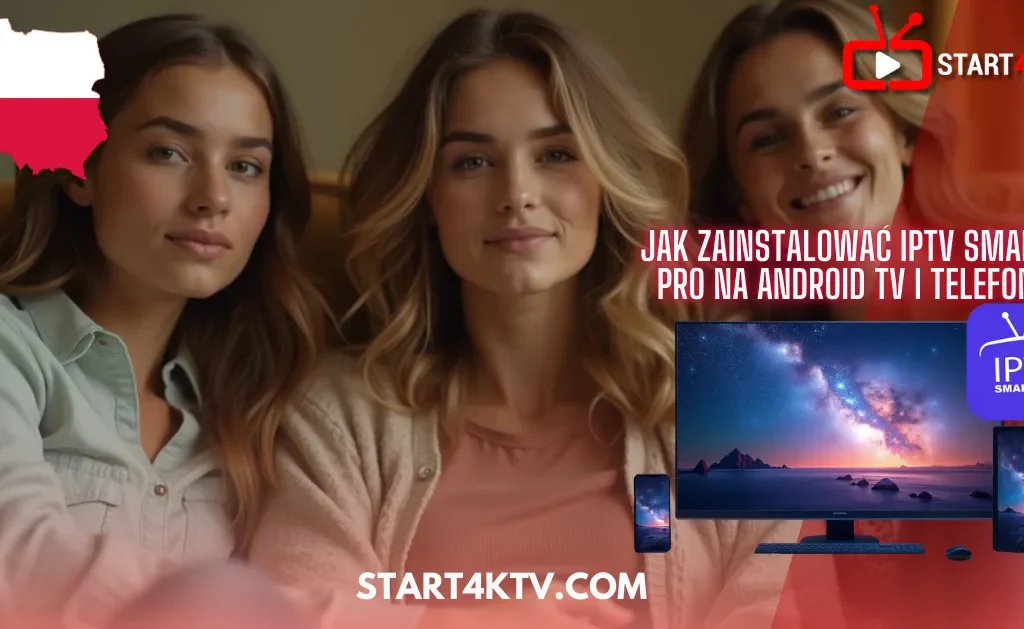 Trzy kobiety siedzące na kanapie z ekranem pokazującym instalację IPTV Smarters Pro – poradnik IPTV Poland dla Android TV i telefonów