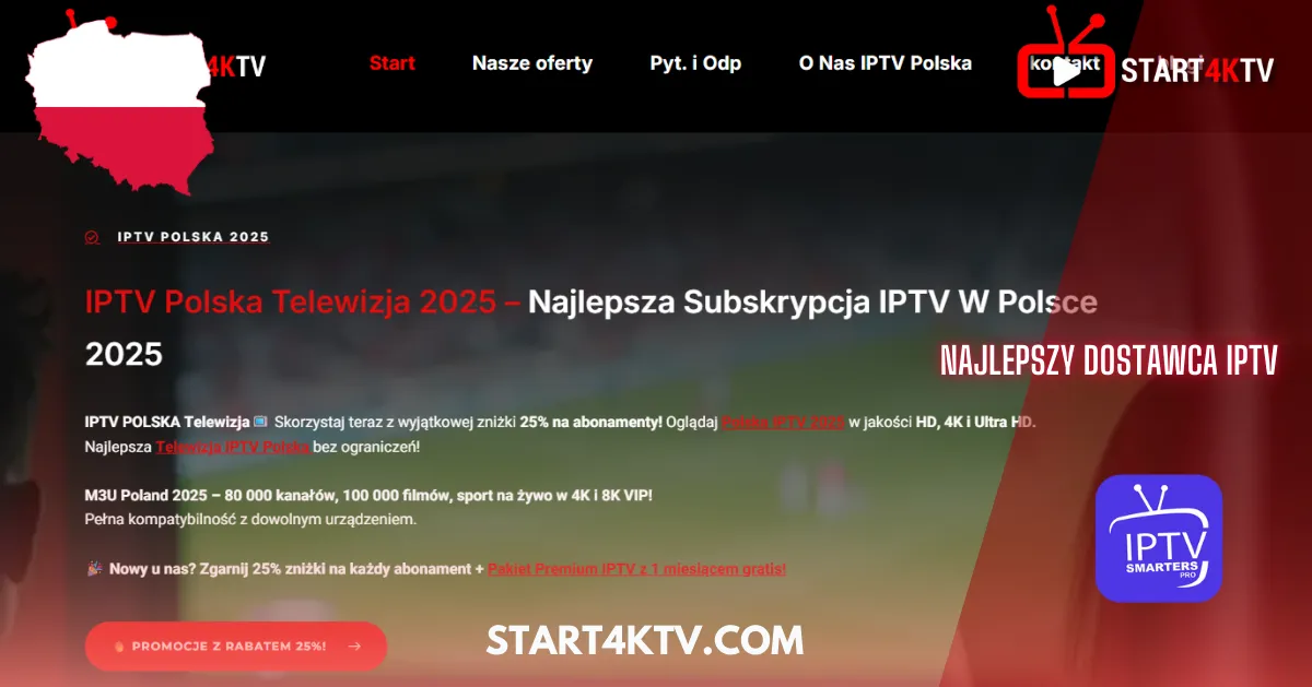 Zrzut ekranu strony Start4KTV promującej IPTV Poland 2025 z informacjami o subskrypcji, zniżkach i kompatybilności z różnymi urządzeniami