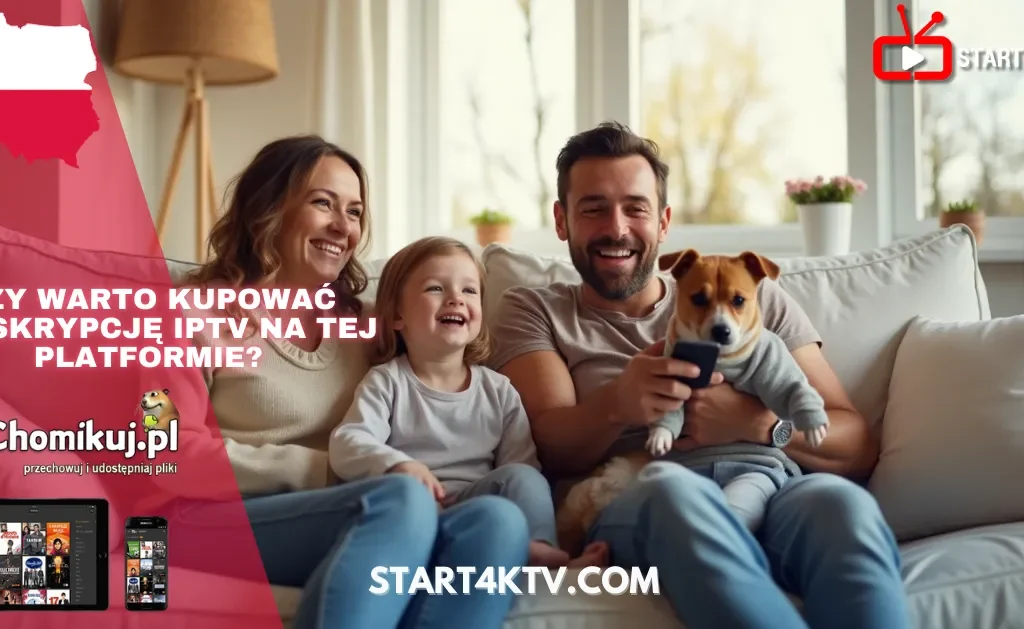 Uśmiechnięta polska rodzina oglądająca telewizję z psem na kanapie. Grafika promuje ostrzeżenie przed kupowaniem subskrypcji IPTV Chomikuj i podkreśla ryzyko związane z korzystaniem z Chomikuj IPTV.