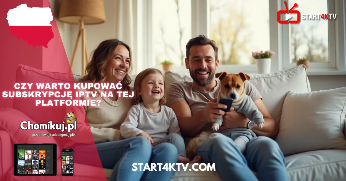 Uśmiechnięta polska rodzina oglądająca telewizję z psem na kanapie. Grafika promuje ostrzeżenie przed kupowaniem subskrypcji IPTV Chomikuj i podkreśla ryzyko związane z korzystaniem z Chomikuj IPTV.