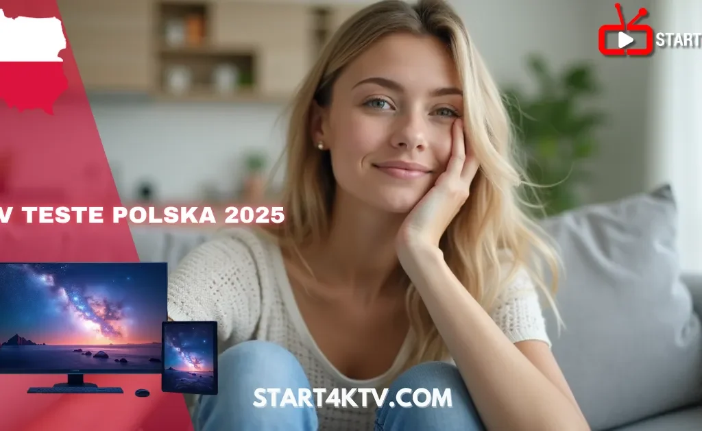 Uśmiechnięta młoda kobieta relaksująca się na kanapie w domu, symbolizująca wygodę korzystania z darmowego testu IPTV Polska. Grafika promuje usługę iptv teste w Polsce w 2025 roku.