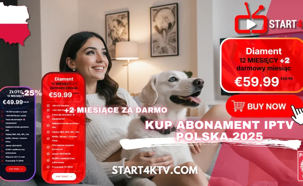Kobieta ogląda telewizję z psem w domu, promując Trex IPTV Polska 2025 z rabatem 25% i darmowymi miesiącami IPTV Chomikuj