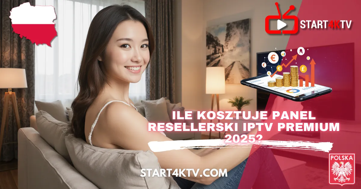 Grafika promująca IPTV Premium 2025 przedstawiająca uśmiechniętą kobietę na kanapie oraz tablet z wykresami zysków i logo IPTV Polska (START4KTV). Zapytanie: "ILE KOSZTUJE PANEL RESELLERSKI IPTV PREMIUM 2025?"