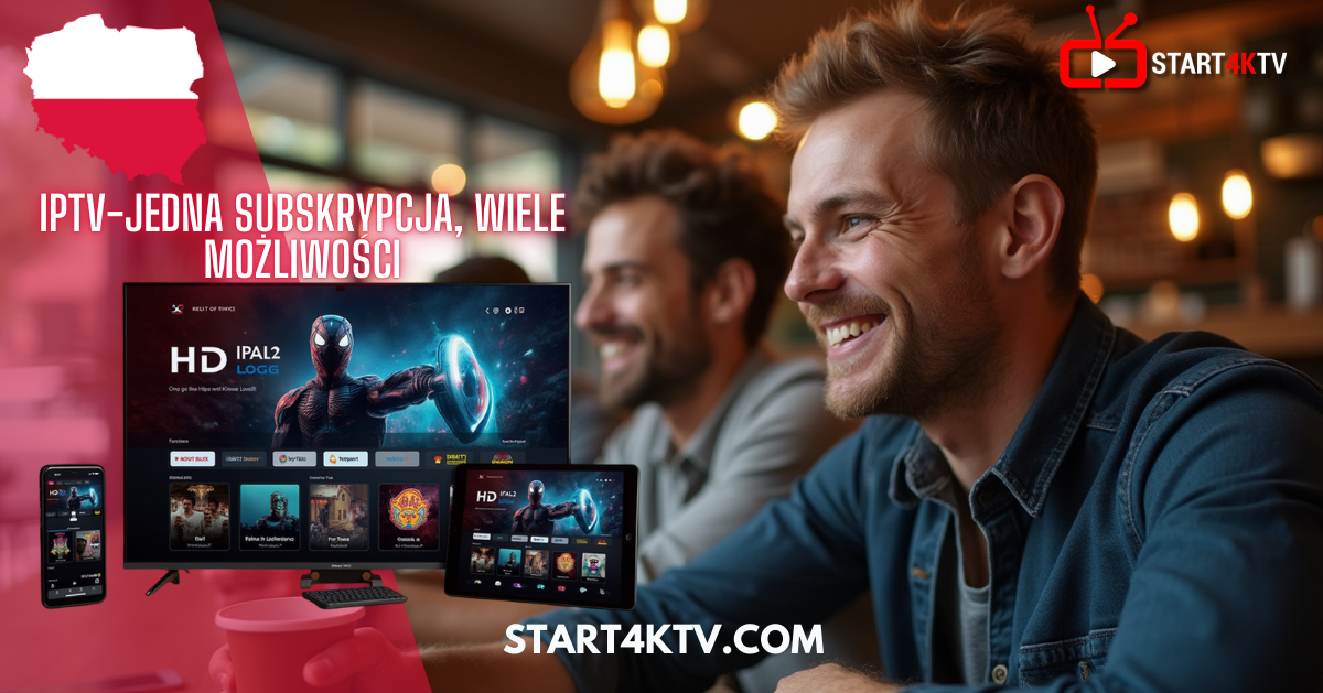 Uśmiechnięty mężczyzna i ekran z treściami IPTV – różne urządzenia pokazujące aplikację telewizji IPTV Polska.