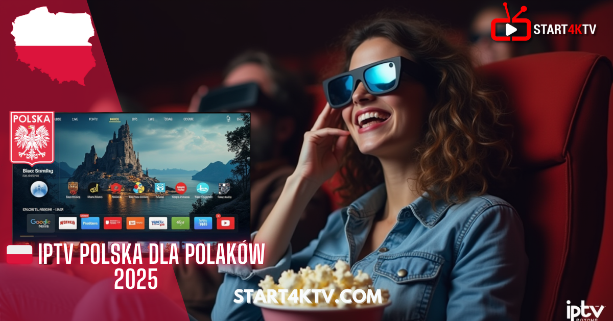 Uśmiechnięta kobieta w okularach 3D oglądająca telewizję IPTV Polska w jakości 4K, z popcornem w ręku, na tle interfejsu Smart TV z polskimi kanałami.