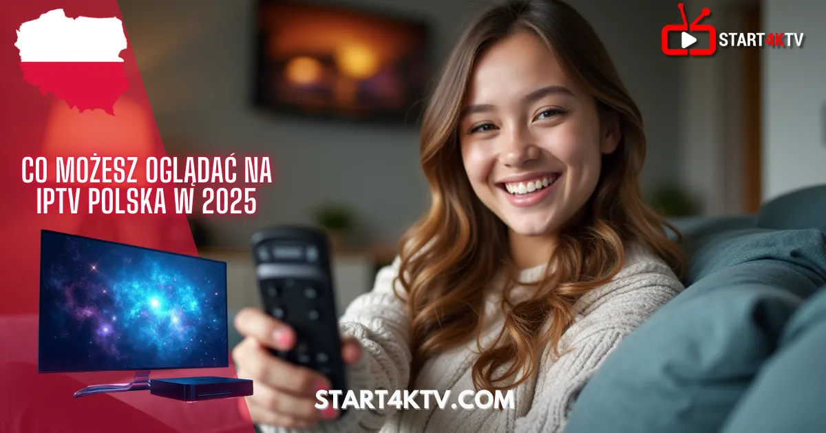 Uśmiechnięta kobieta trzymająca pilota, oglądająca telewizję przez IPTV Polskie w 2025 roku