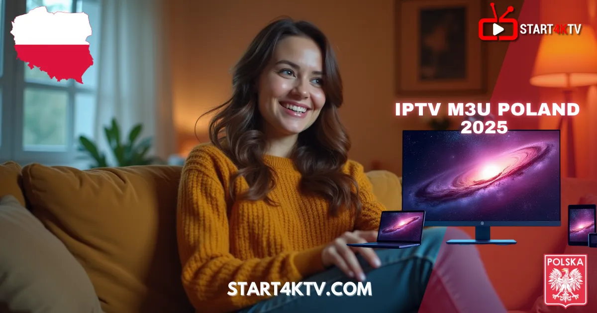 Uśmiechnięta kobieta ogląda IPTV w domu na Smart TV, laptopie i tablecie z widocznymi ekranami transmisji. Na obrazie widnieje tekst „IPTV M3U POLAND 2025” oraz adres strony Start4KTV.com. Grafika odnosi się do tematów takich jak IPTV Polska, m3u lista kanałów Polska 2025, darmowe IPTV 2025 oraz IPTV 2025.