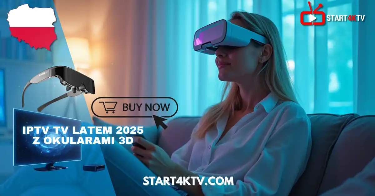 Kobieta oglądająca TV IPTV w okularach 3D latem 2025 roku – nowoczesna rozrywka z IPTV TV w Polsce.