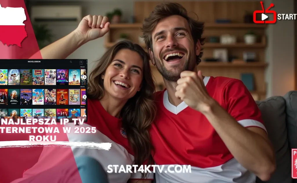 Para w koszulkach Polski cieszy się z oglądania telewizji przez Start4KTV, najlepsza ip tv internetowa 2025 z dostępem do tvp 2 stream, tv polonia online free oraz tv w internecie polskie stacje.