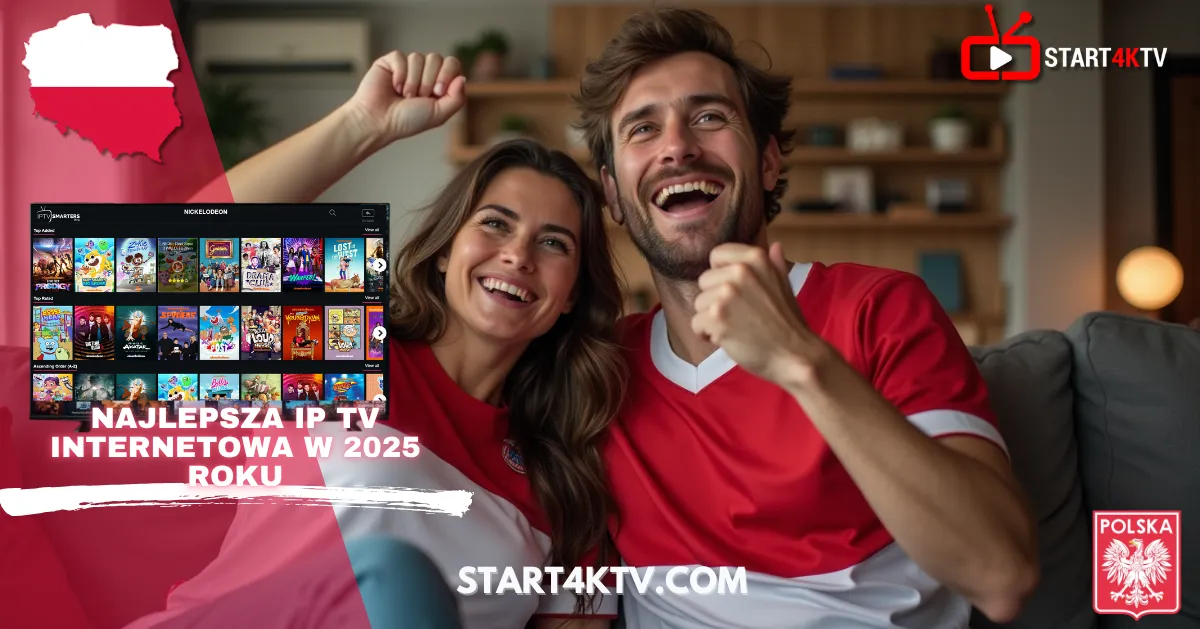 Para w koszulkach Polski cieszy się z oglądania telewizji przez Start4KTV, najlepsza ip tv internetowa 2025 z dostępem do tvp 2 stream, tv polonia online free oraz tv w internecie polskie stacje.