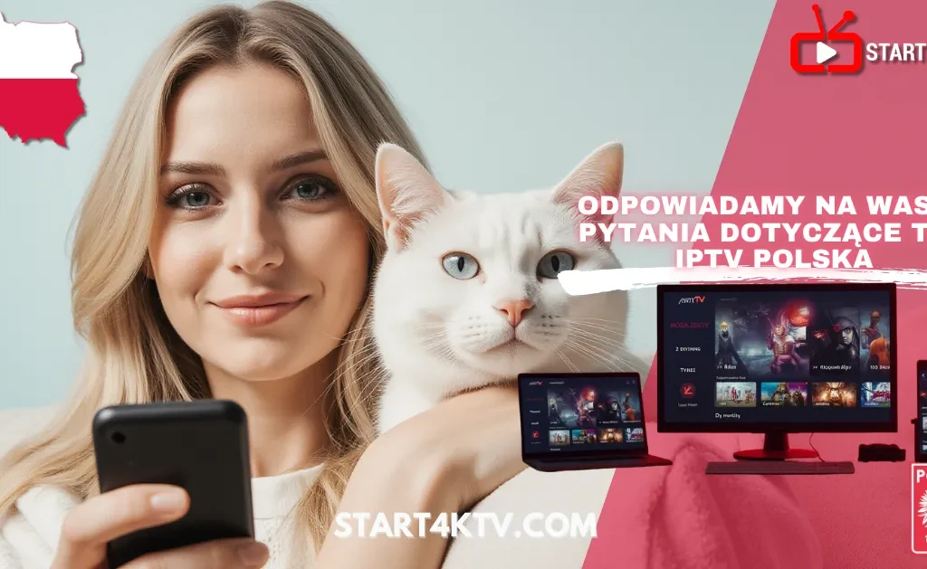 Kobieta z kotem trzymająca pilot i oglądająca telewizję internetową na START4KTV – IPTV Polska Telewizja, aplikacja Polska HD TV App, Polska Ameryka Live.
