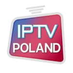 Logo IPTV Poland w kształcie ekranu telewizora z napisem „IPTV POLAND” na tle w kolorach czerwono-niebieskich.