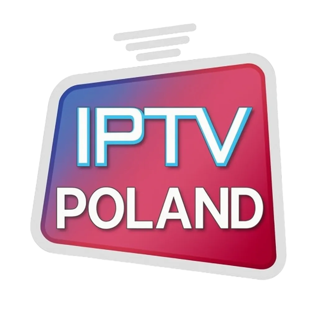 Logo IPTV Poland w kształcie ekranu telewizora z napisem „IPTV POLAND” na tle w kolorach czerwono-niebieskich.