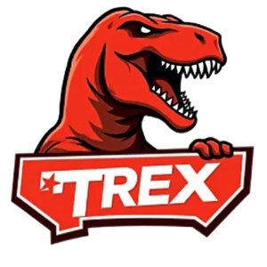 Czerwone logo TREX IPTV przedstawiające groźnego dinozaura T-Rexa z napisem TREX.