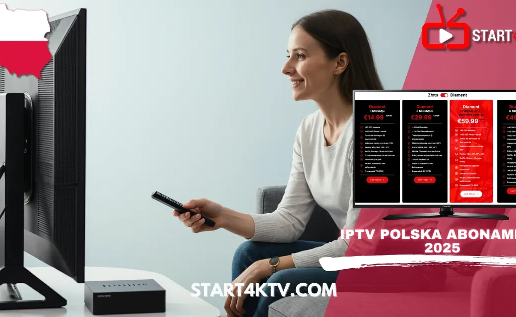 Kobieta ogląda telewizję z usługą IPTV Polska abonament 2025, lista m3u & kanały IPTV premium