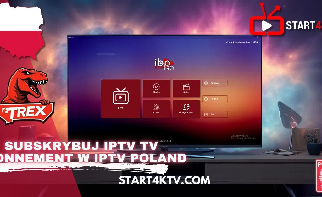Ekran telewizora z aplikacją IPTV pokazującą menu Live, Movies i Series. Grafika promująca Trex IPTV Poland z napisem „Subskrybuj IPTV Polska Premium TV Abonament w IPTV Polska” oraz logiem Start4KTV.