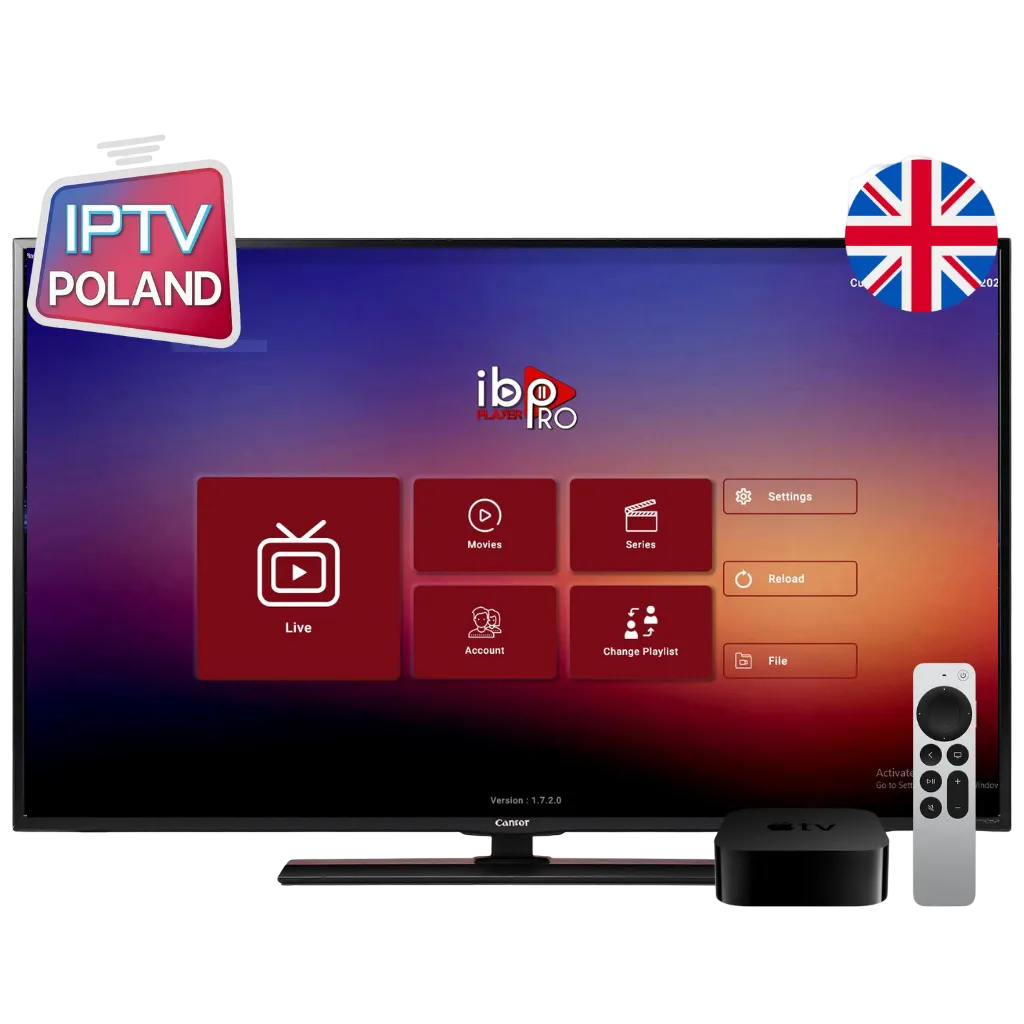 Smart TV screen with ibo Pro Player app showing IPTV Poland interface, UK flag, and IPTV PL subscription for live TV, movies, and series.