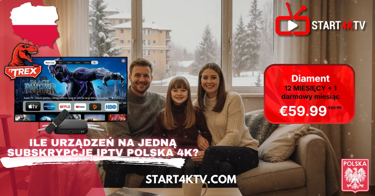 Szczęśliwa rodzina w zimowej scenerii przed telewizorem z interfejsem polska telewizja iptv. Obraz promuje pakiet "Diament" iptv Polska 4K za €59.99 z systemem trex iptv i pyta o limity urządzeń w iptv pl.